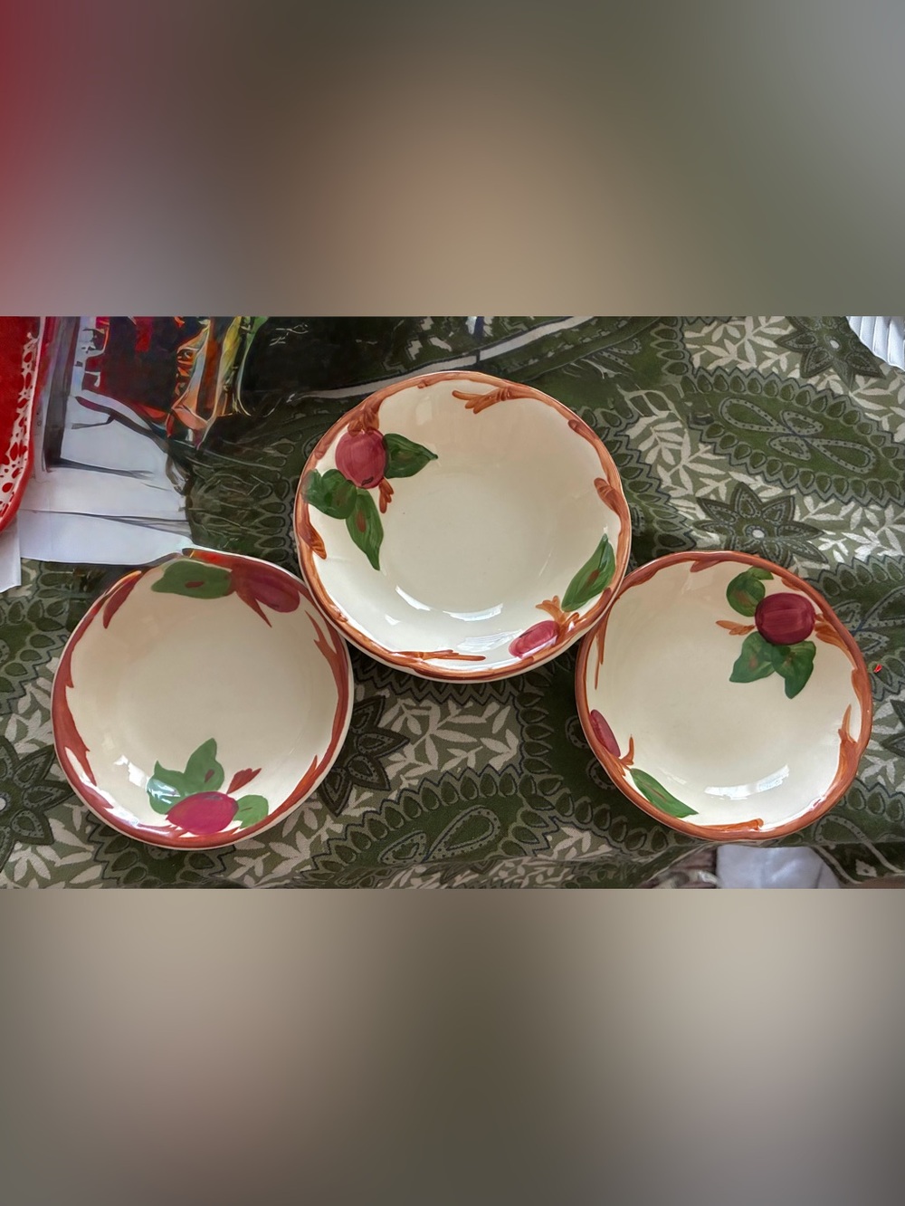 Franciscan Apple Bowls. Two 5”,one 6”. Dating 1963, 1979 & 2004. EC. Handpainted